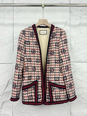 🚩steal Gucci Cream, Red & Black Tweed Open-Front Blazer